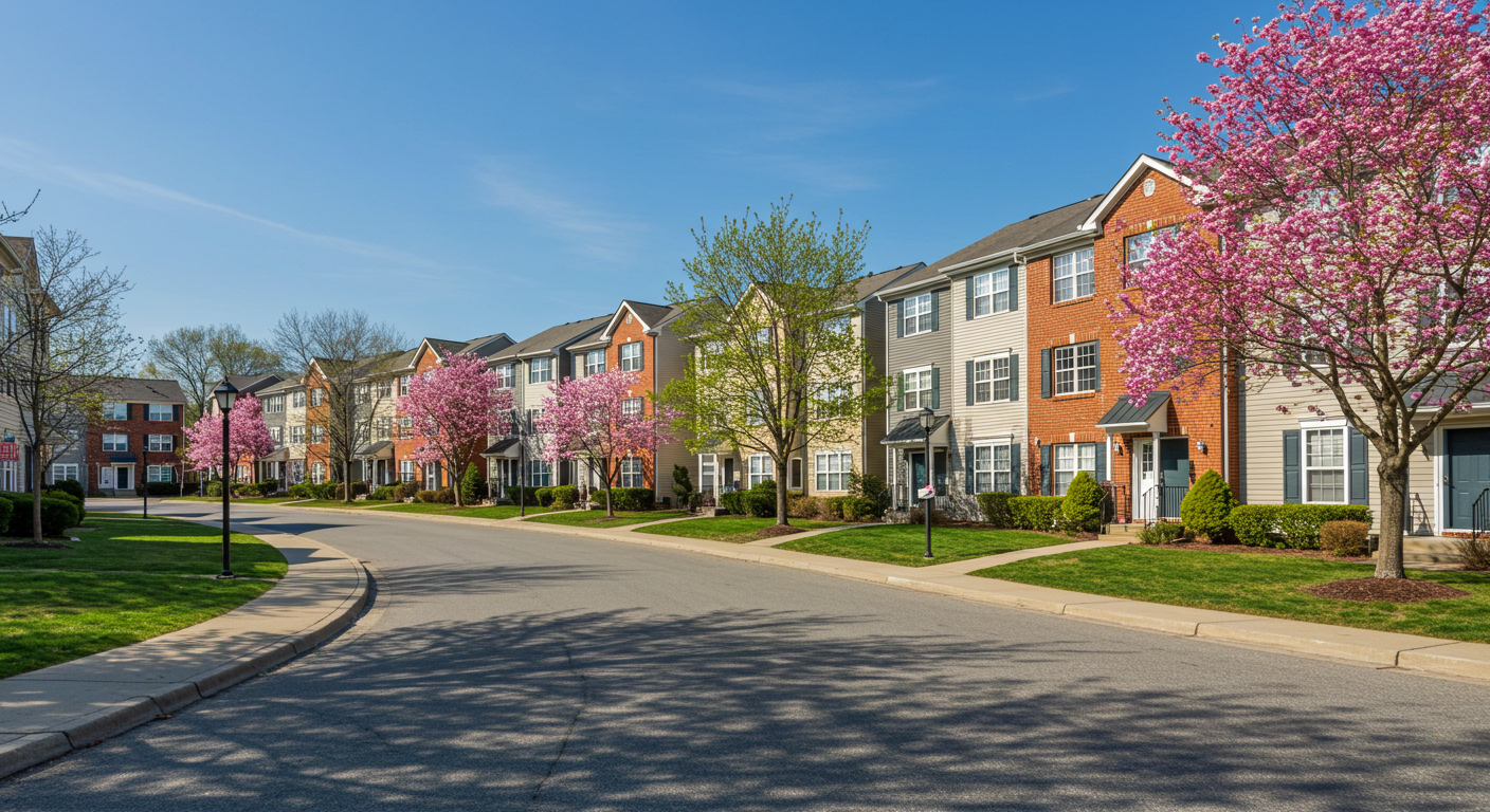 Row of three-story Aspen Knolls Staten Island townhomes with budding trees in spring