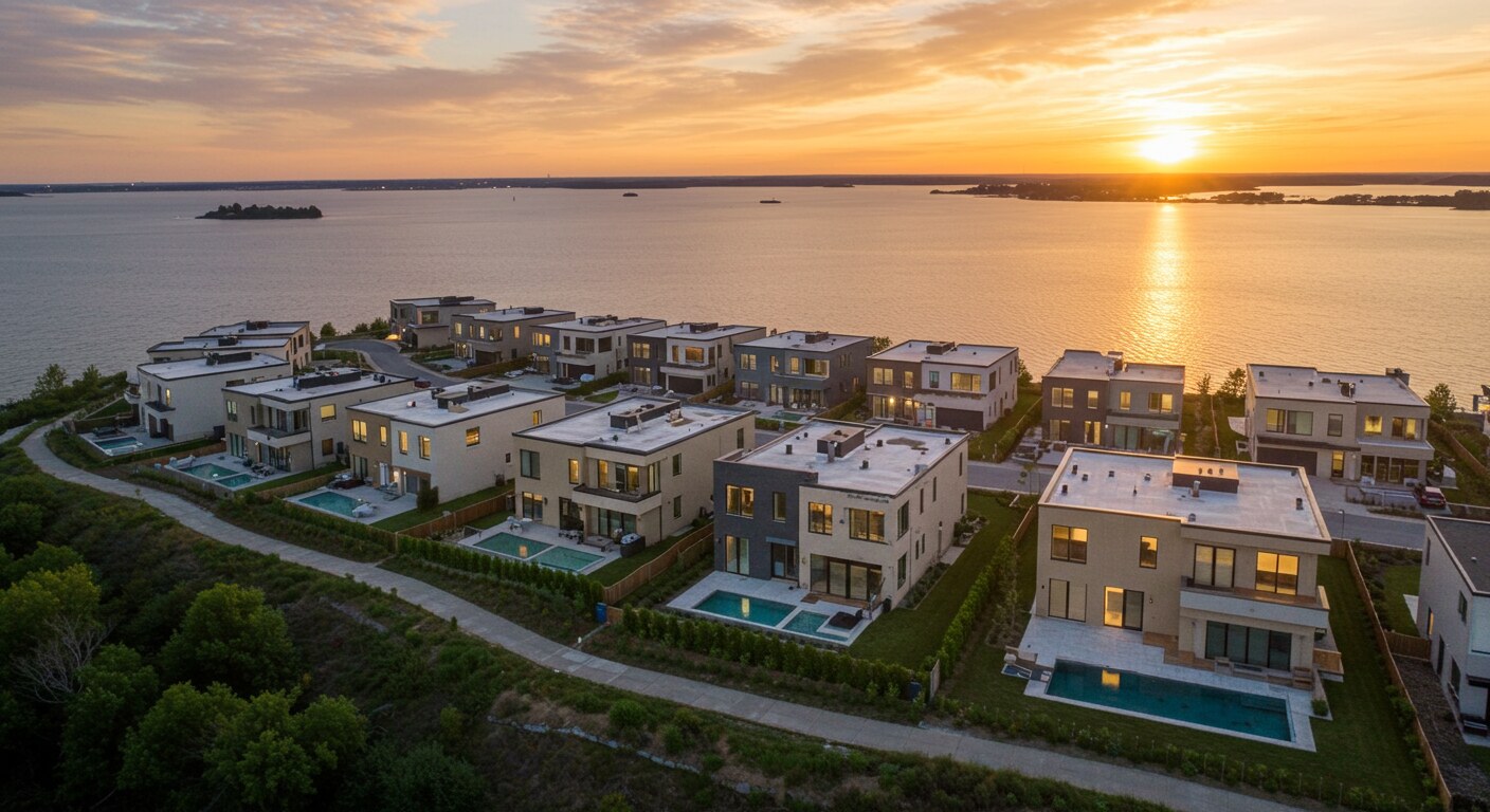 New construction homes overlooking the Staten Island waterfront at sunset.
