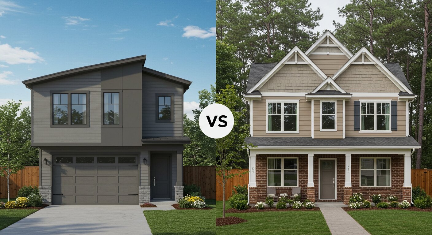 Modern new construction vs resale home side-by-side comparison exterior view 2025.