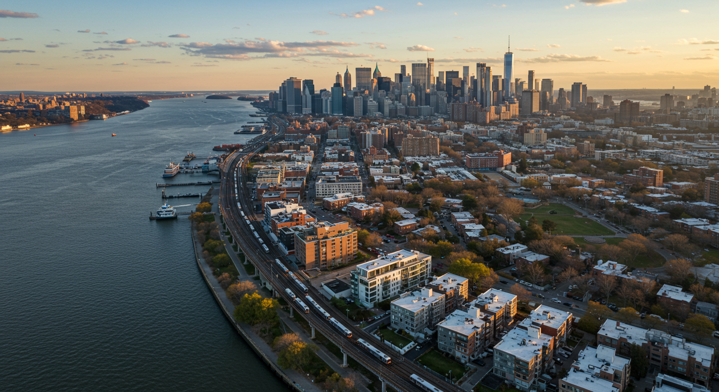 Aerial view of New Jersey commuter towns and Manhattan skyline showing commuter-friendly housing and transportation infrastructure