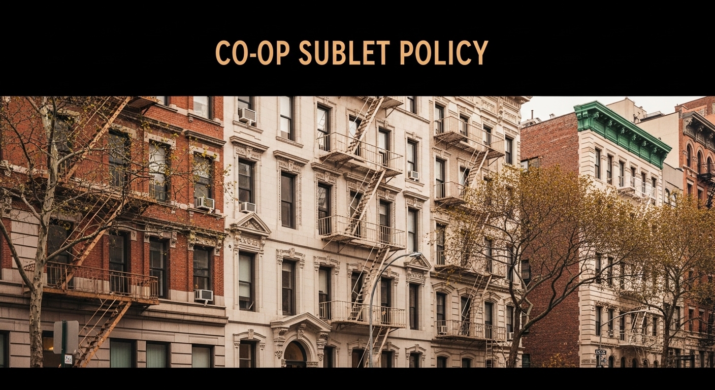 NYC co-op sublet policy documents and apartment building showing board approval process requirements.