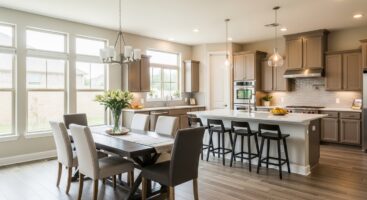 Modern eat-in kitchen with dining table and cooking area showcasing EIK real estate feature.
