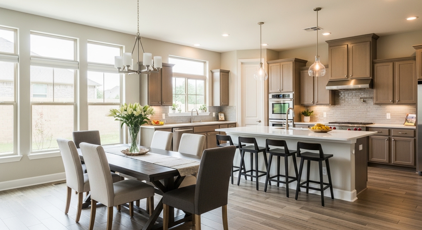 Modern eat-in kitchen with dining table and cooking area showcasing EIK real estate feature.