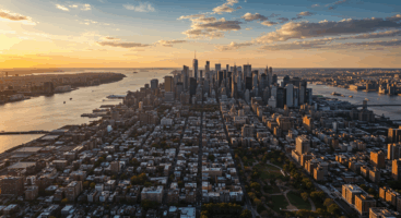 New York City metropolitan area skyline view showing Manhattan skyscrapers and Hudson River with Brooklyn and New Jersey residential neighborhoods in 2025.