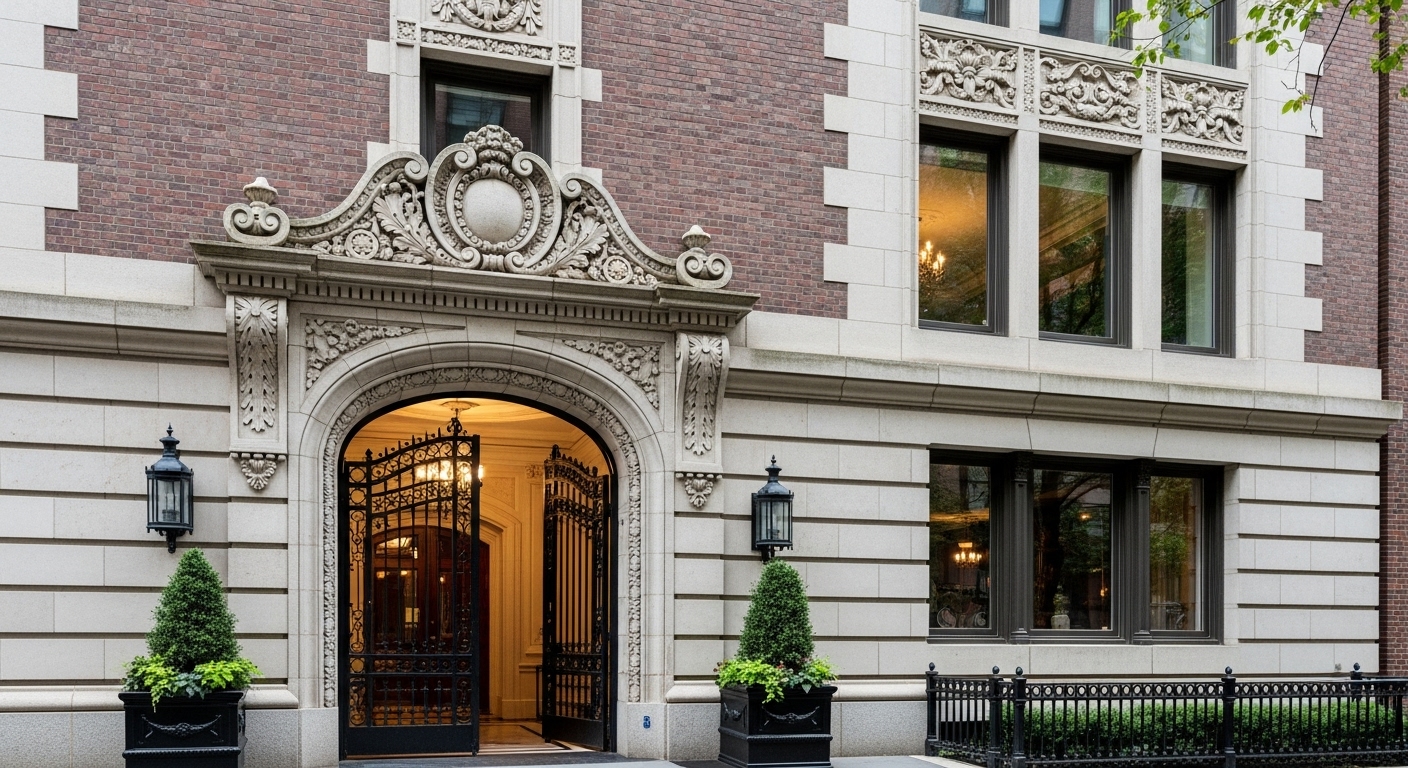 NYC co-op building facade with ornate entrance showing expensive Manhattan cooperative apartment where flip tax applies during sale transactions.