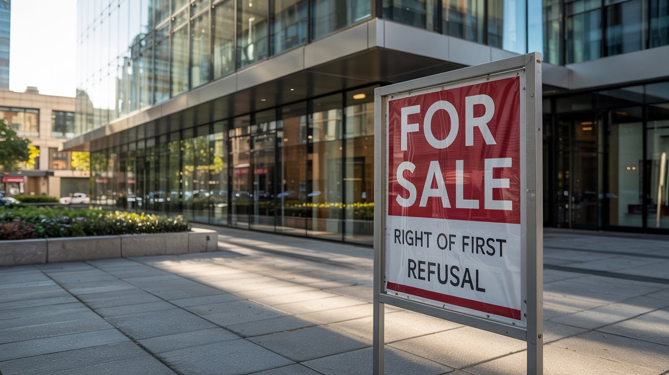 Modern commercial building with "For Sale" sign showing right of first refusal real estate concept.