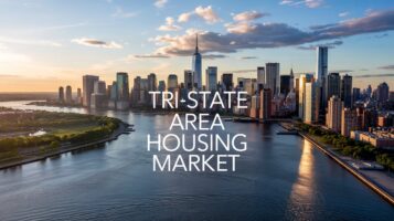 Aerial view linking New Jersey and Manhattan skylines across the Hudson River, illustrating the Tri State Area housing market.