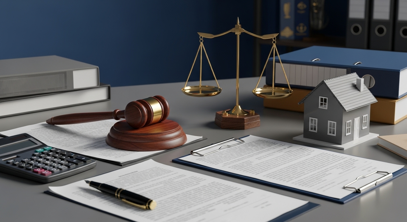 Real estate trustee managing property documents with legal scales and house model representing probate foreclosure and deed of trust responsibilities.