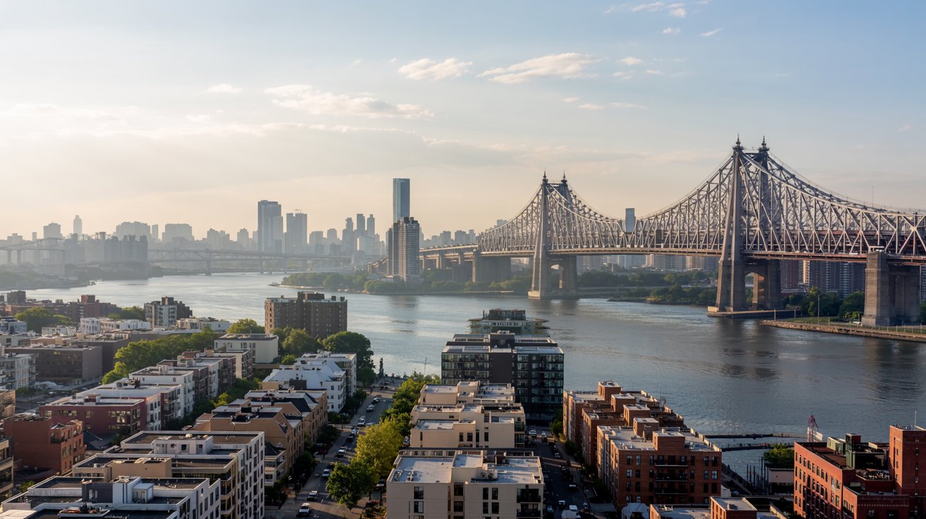 Aerial skyline of Queens NY waterfront illustrating best neighborhoods in Queens.