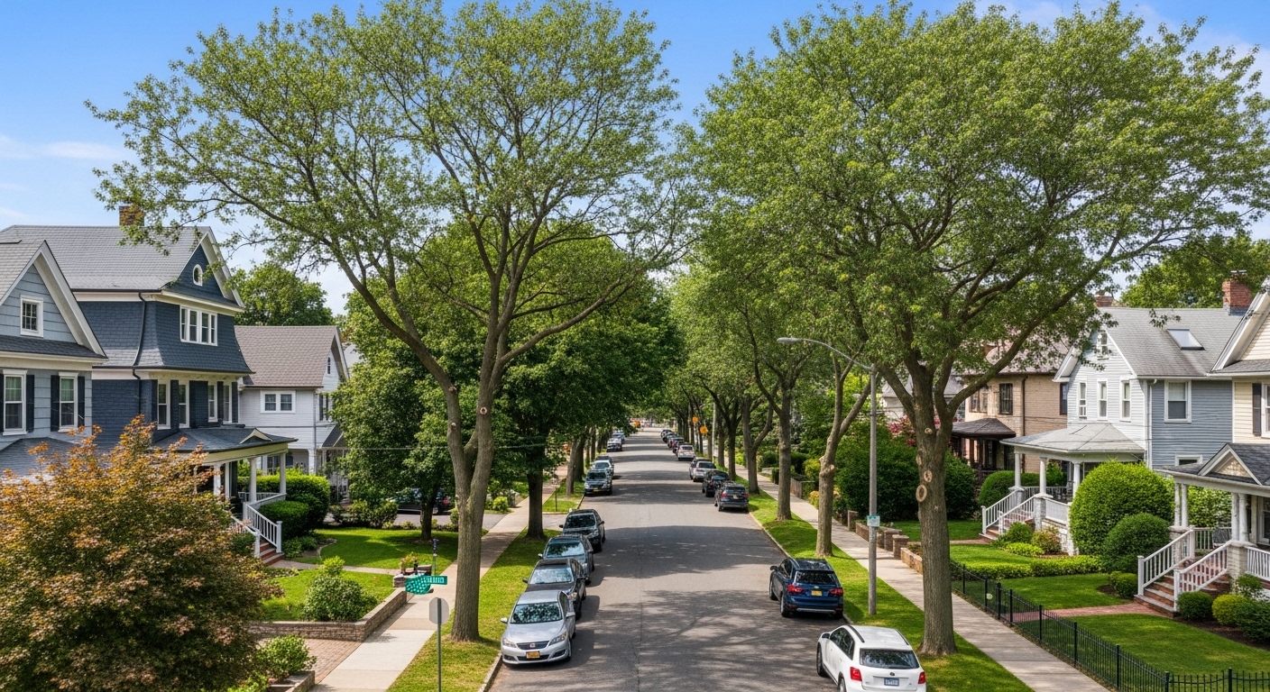 Westerleigh Staten Island tree-lined residential street with Victorian homes and sidewalks.