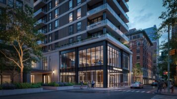 Modern condo building exterior in NYC metro area showing luxury residential development.