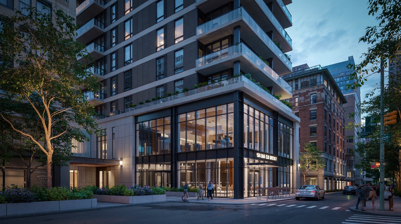 Modern condo building exterior in NYC metro area showing luxury residential development.